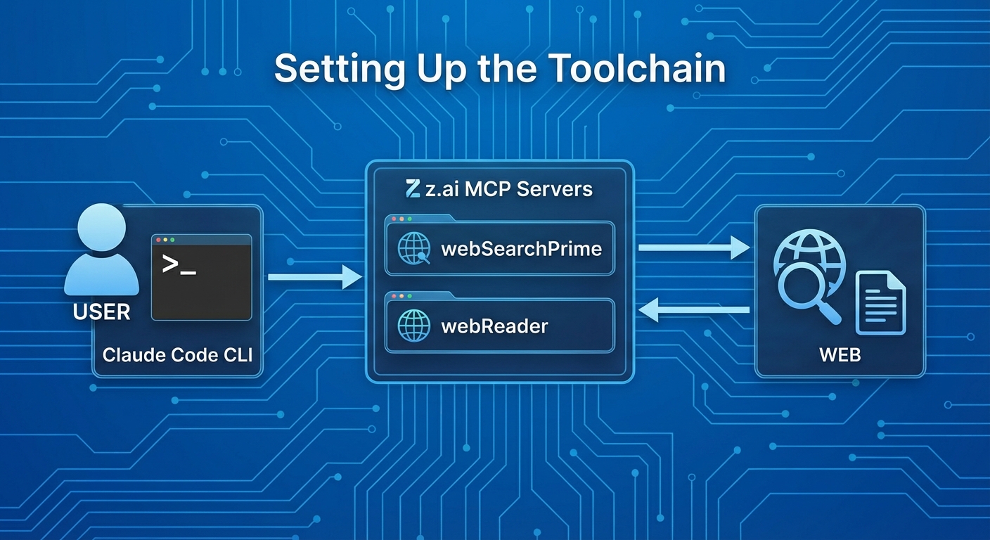 Toolchain diagram showing data flow between user, Claude Code CLI, and z.ai MCP servers
